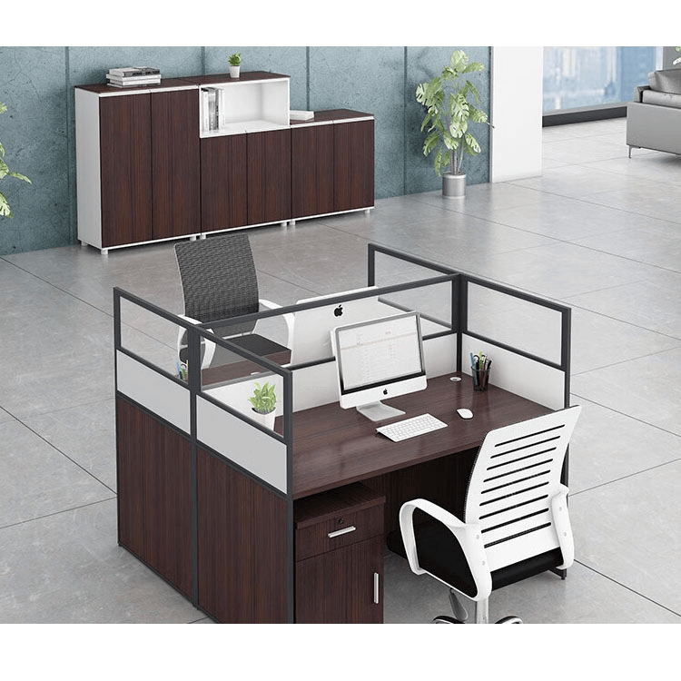 Office desk with card slot partition, employee computer desk with cabinet and chair