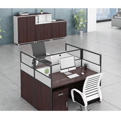 Office desk with card slot partition, employee computer desk with cabinet and chair