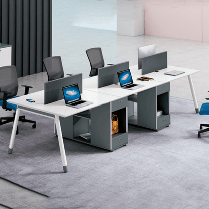 desk combination with top panel, side cabinet, open storage drawer
